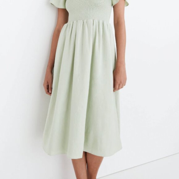 Madewell | Linen-Blend Lucie Smocked Midi Dress | Sage Green | 3XL - Picture 8 of 8